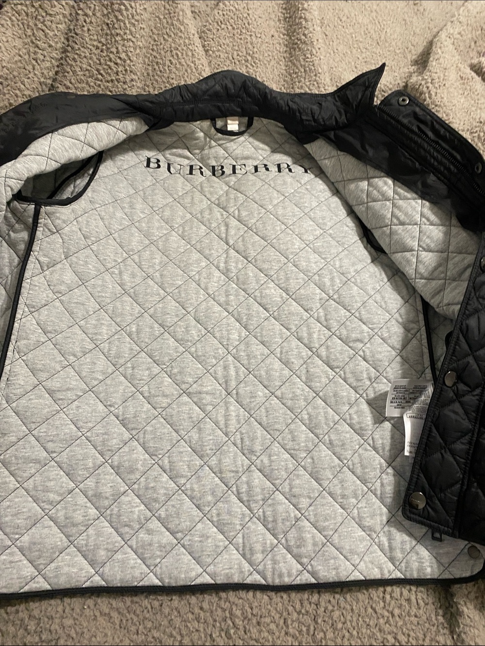 Burberry Black Quilted Puffer Jacket with Light Gray  this is a kids size xl